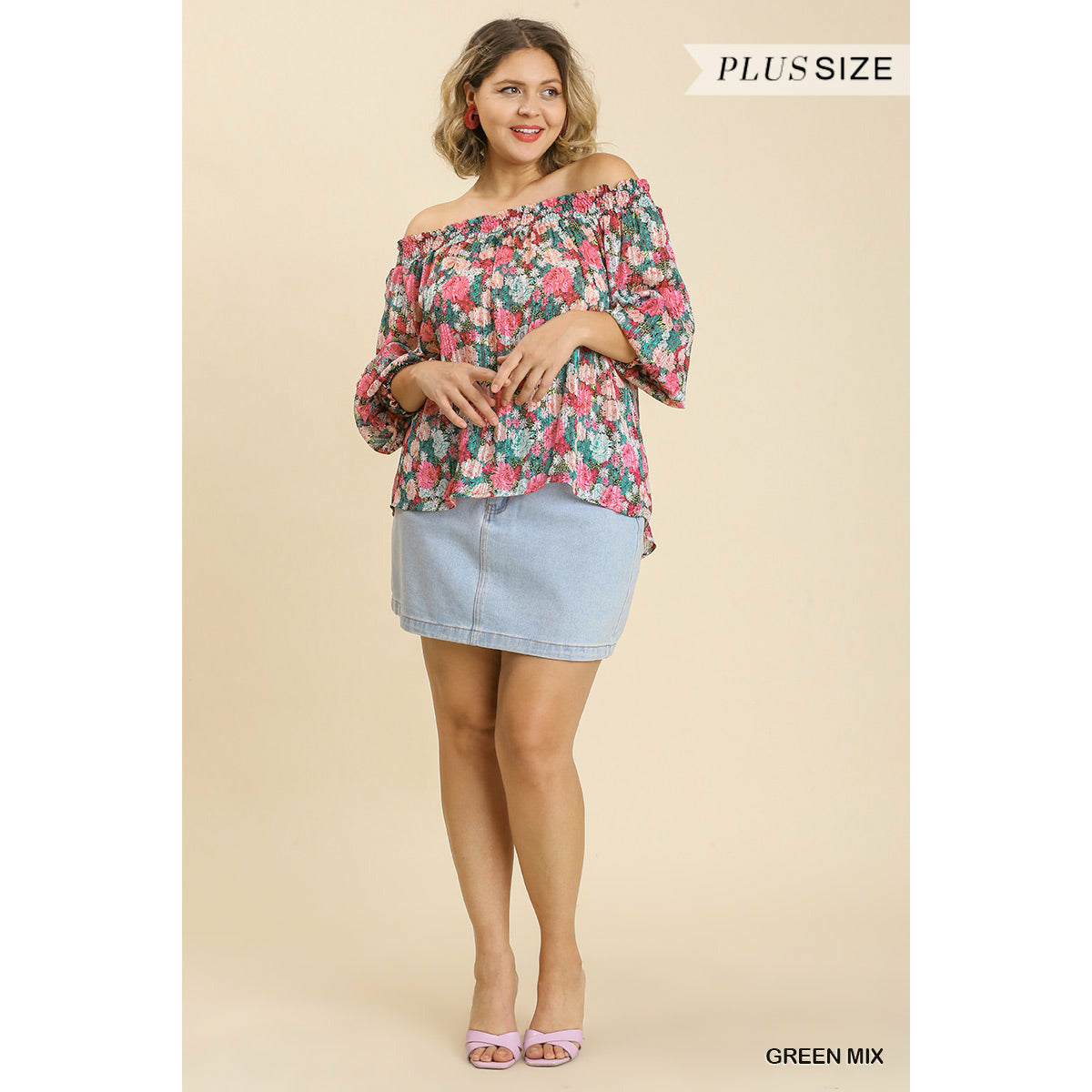 Plus-size Sheer Floral Print Off Shoulder Top