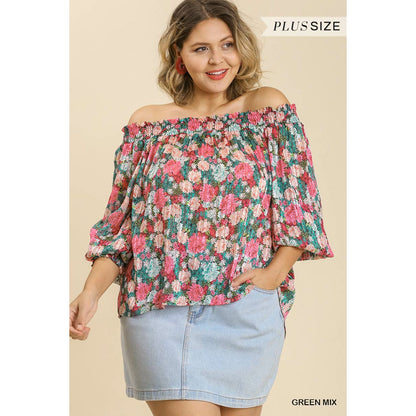 Plus-size Sheer Floral Print Off Shoulder Top