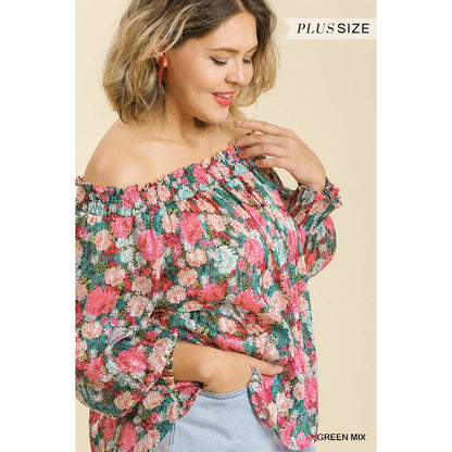 Plus-size Sheer Floral Print Off Shoulder Top