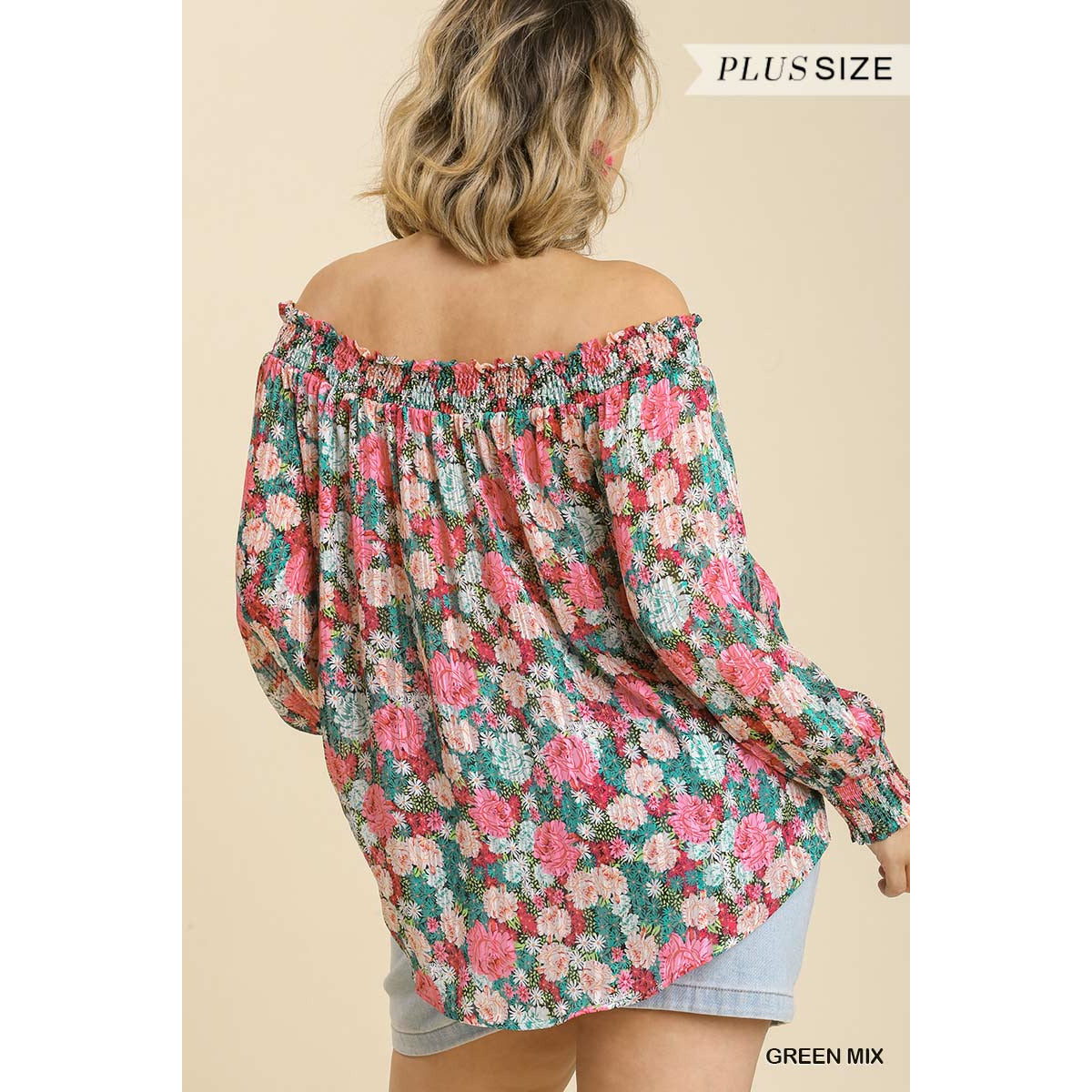 Plus-size Sheer Floral Print Off Shoulder Top