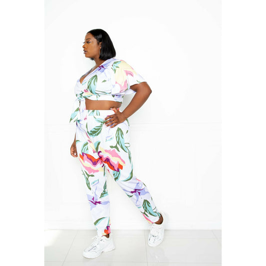 2 Piece Plus-size Women's Flower Jogger & Top Set