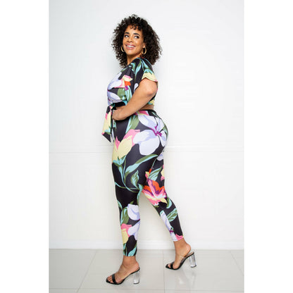 Black 2 Piece Plus-size Women's Flower Jogger & Top Set