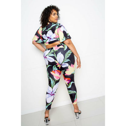 Black 2 Piece Plus-size Women's Flower Jogger & Top Set