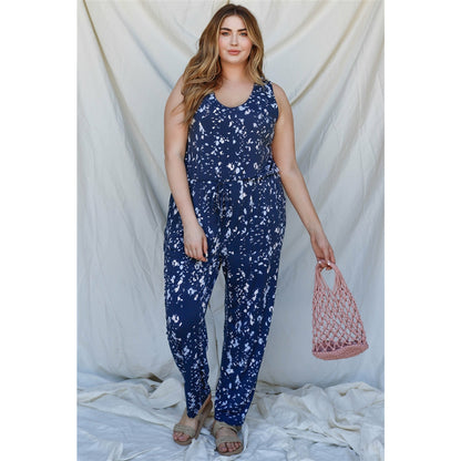 Plus Navy & Mint Feather Print Sleeveless Jumpsuit