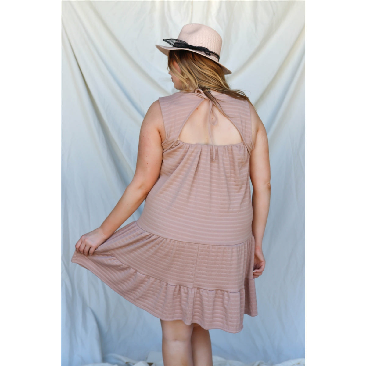 Plus Apricot Textured Ruffle Hem Open Back With Self-tie Detail Mini Dress