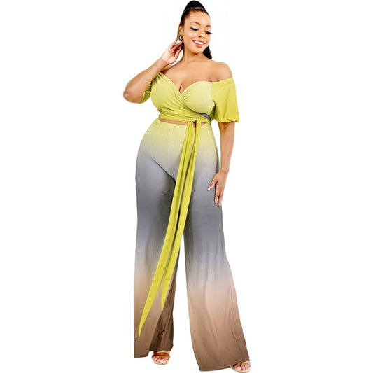 Plus Gradient Off Shoulder Waist Tie Jumpsuit