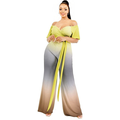 Plus Gradient Off Shoulder Waist Tie Jumpsuit