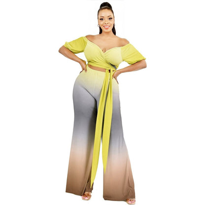 Plus Gradient Off Shoulder Waist Tie Jumpsuit