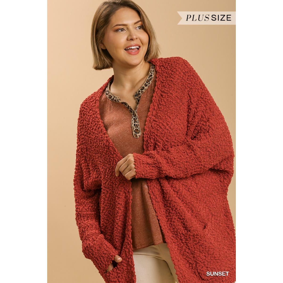 Open Front Plus-size Cardigan Sweater With Pockets