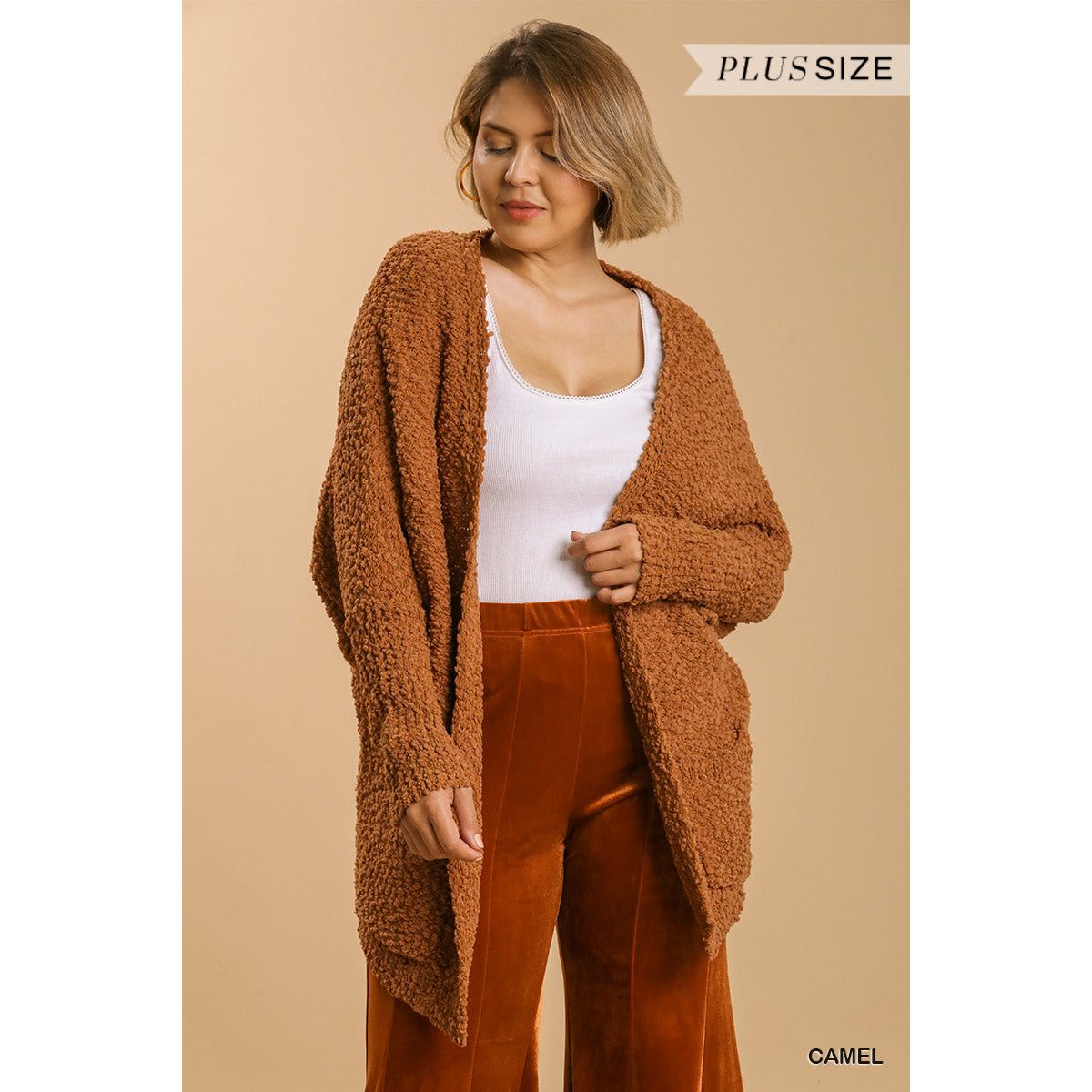 Open Front Plus-size Cardigan Sweater With Pockets