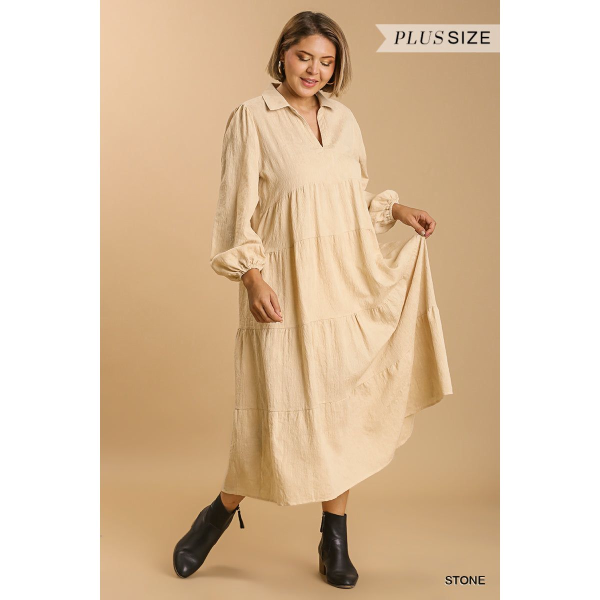 Textured Beige Ballon Long Sleeve Plus-size Tiered Maxi Dress