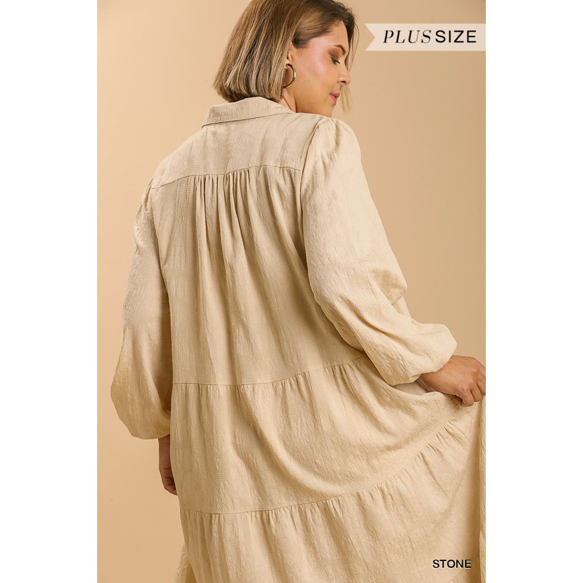 Textured Beige Ballon Long Sleeve Plus-size Tiered Maxi Dress