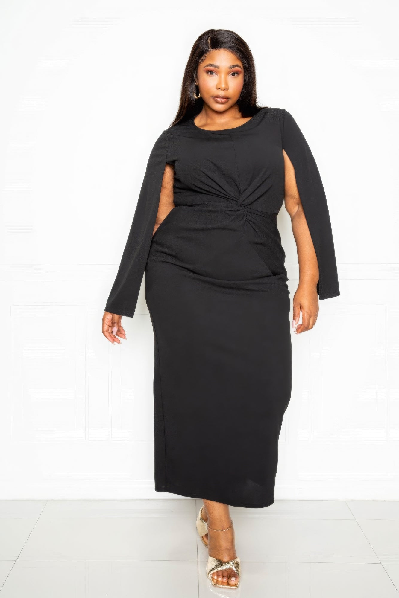 Plus-size Cape Sleeve Straight Dress With Knot Detail