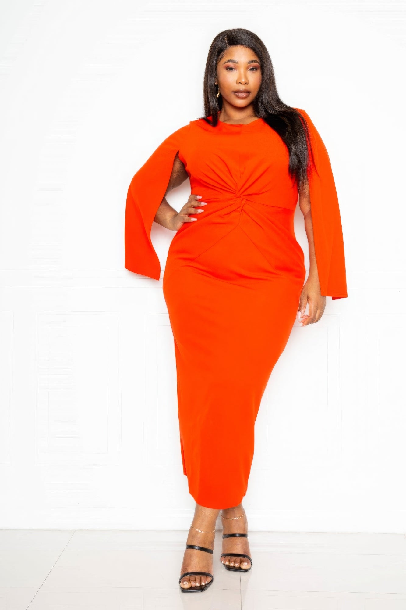 Plus-size Cape Sleeve Straight Dress With Knot Detail