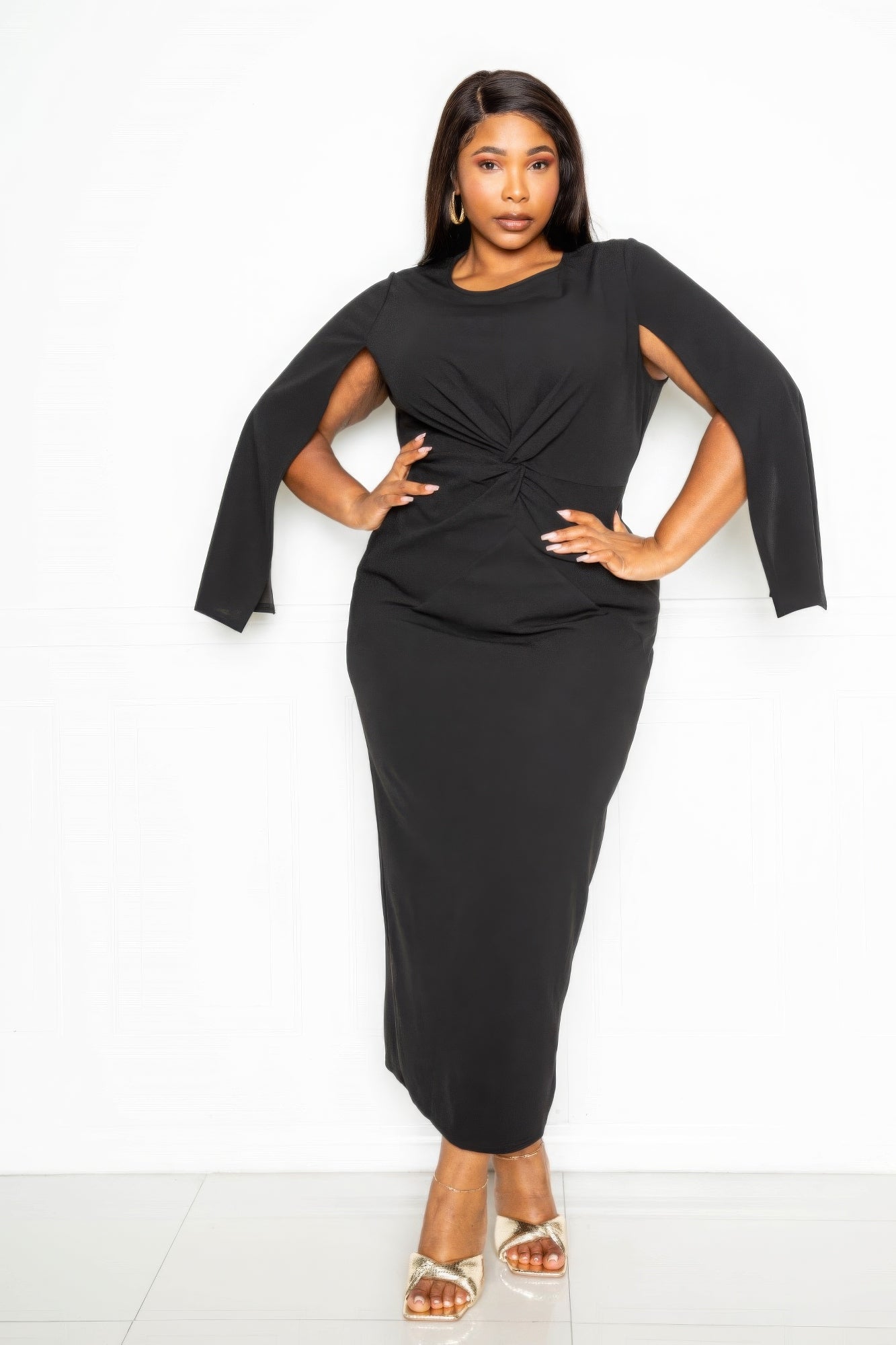 Plus-size Cape Sleeve Straight Dress With Knot Detail