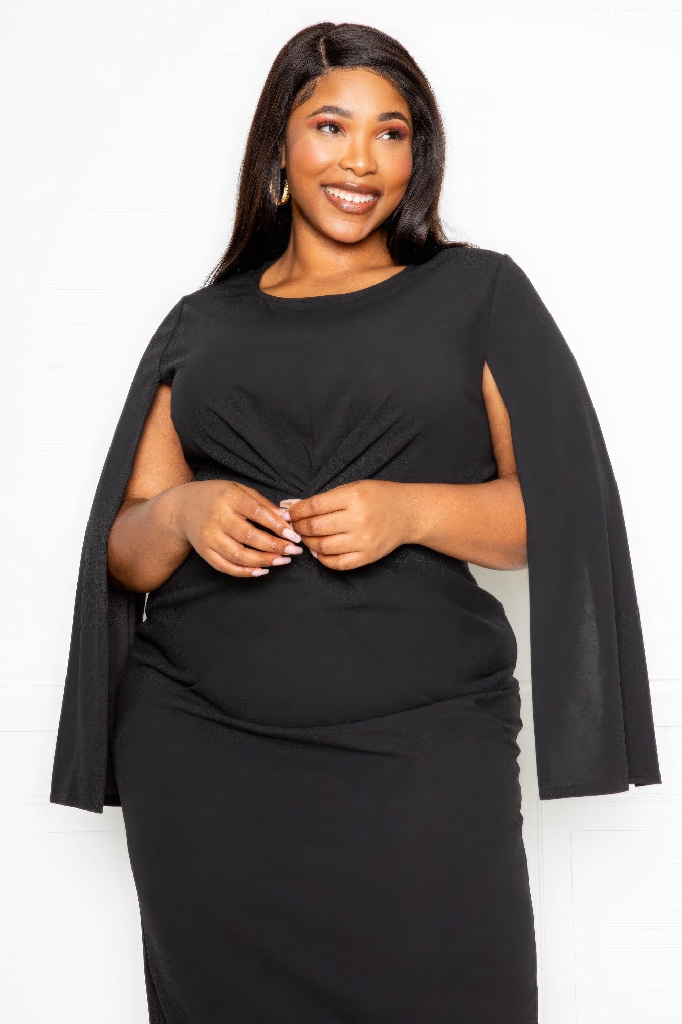 Plus-size Cape Sleeve Straight Dress With Knot Detail