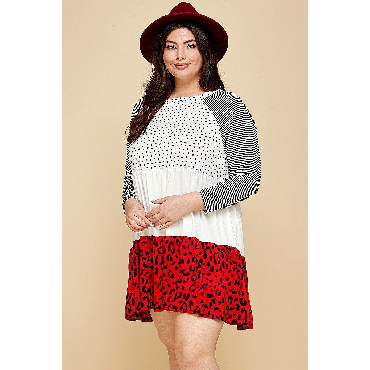 Plus Size Cute Polka Dot And Animal Print Contrast Swing Tiered Dress