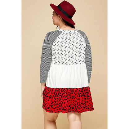 Plus Size Cute Polka Dot And Animal Print Contrast Swing Tiered Dress