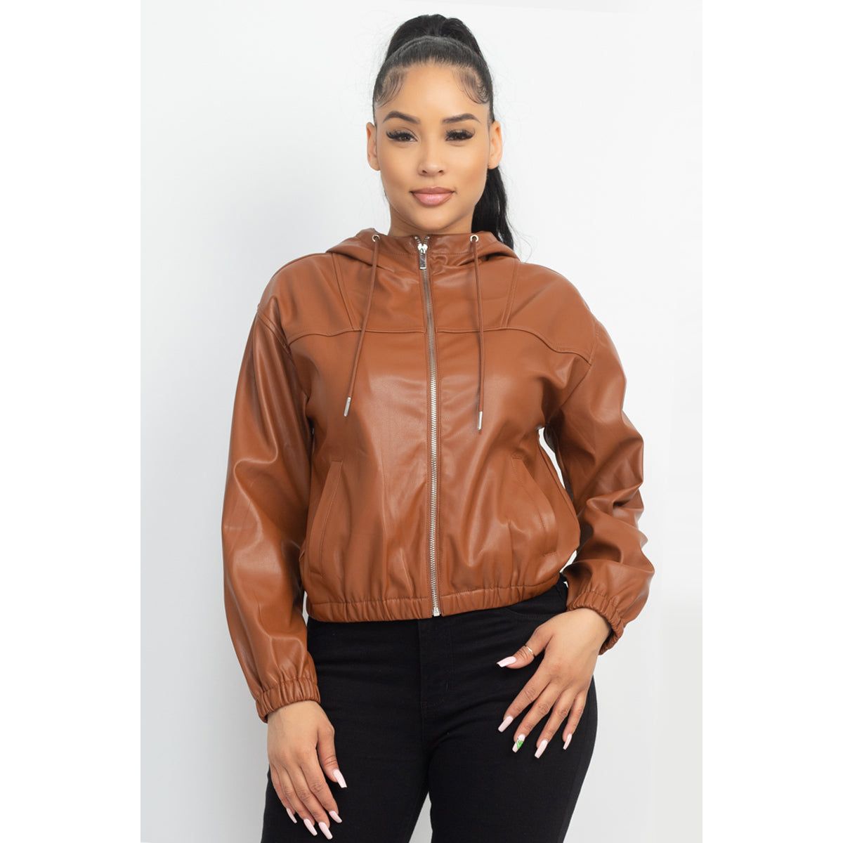 Faux Leather Hoodie Jacket