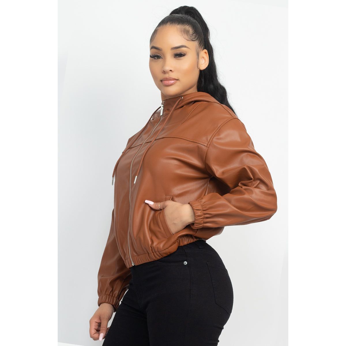 Faux Leather Hoodie Jacket