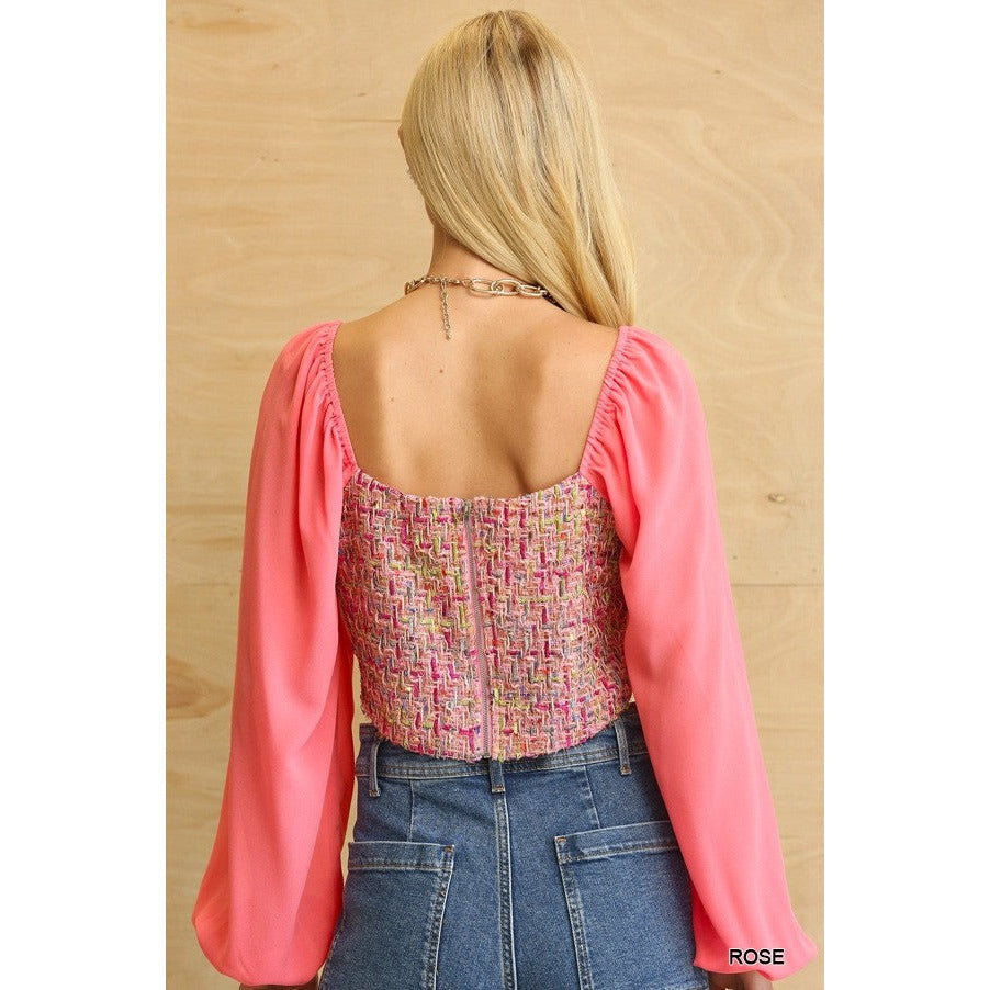 Tweed Bodice And Chiffon Square Top With Back Zipper