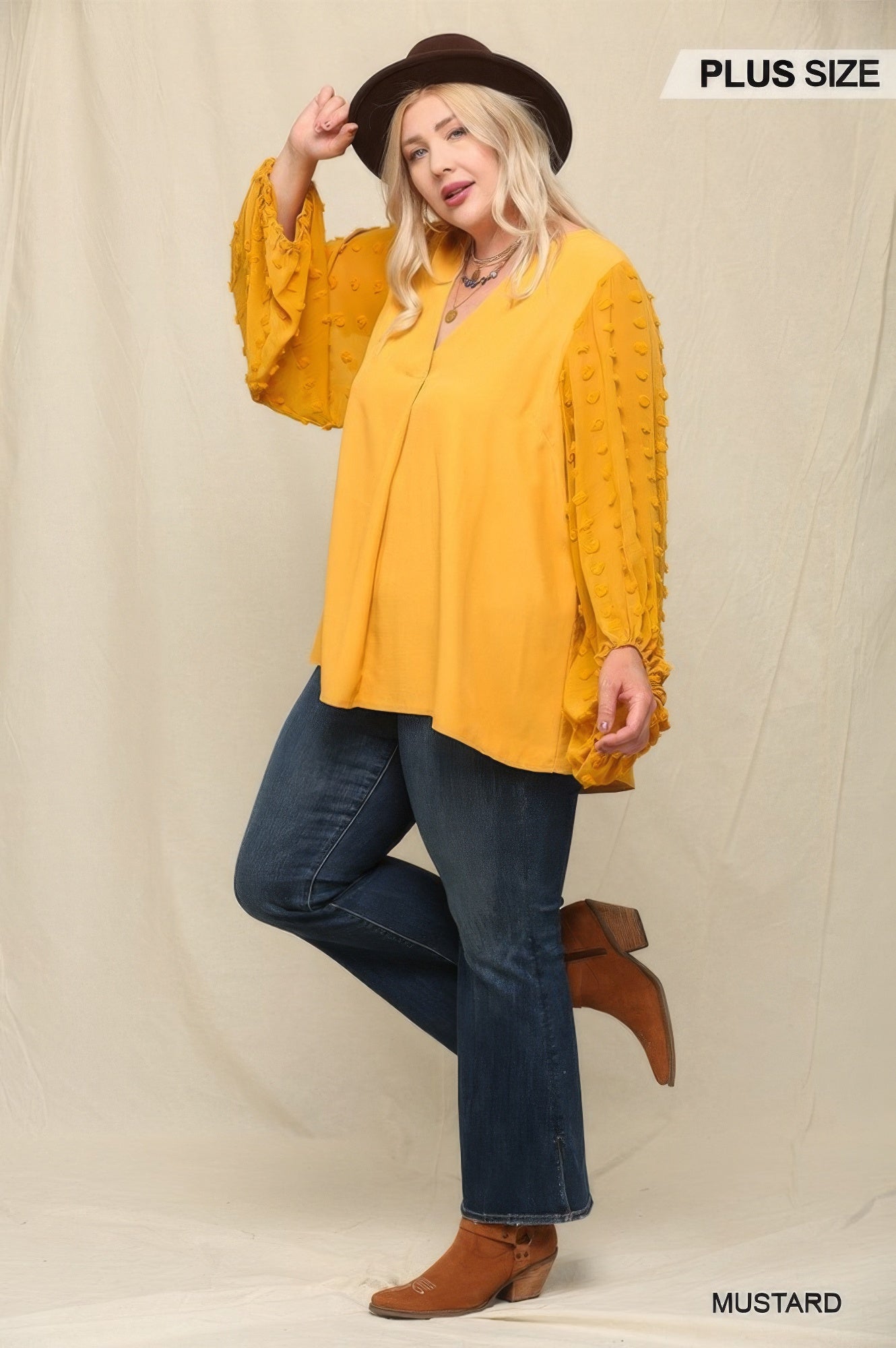 Woven And Textured Plus-size Chiffon Top With Voluminous Sheer Sleeves