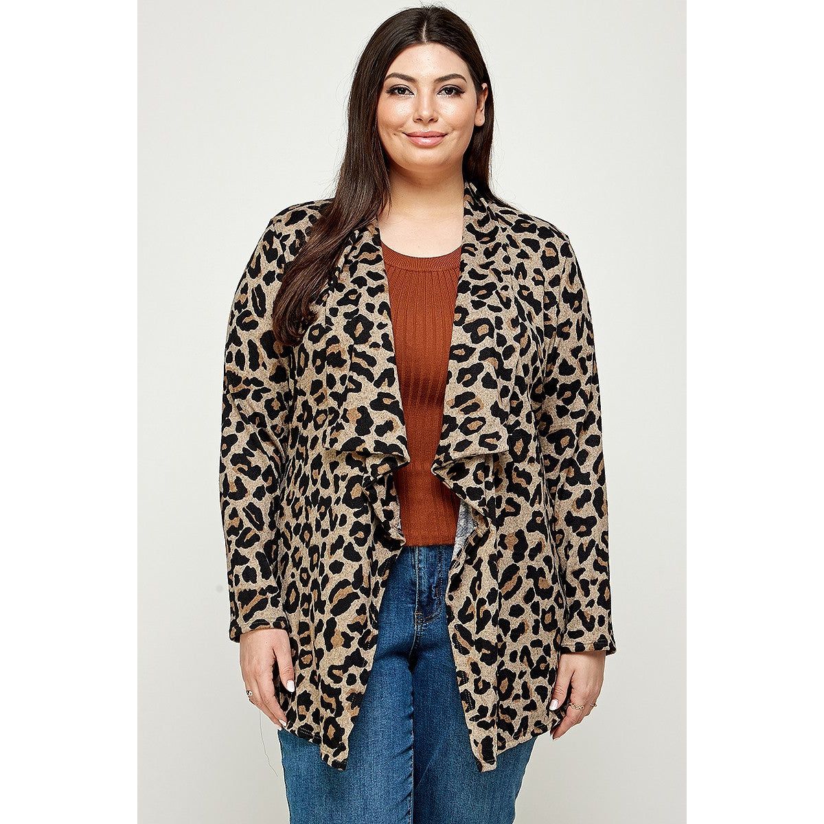 Plus Size, Animal Leopard Printed Knit Cardigan