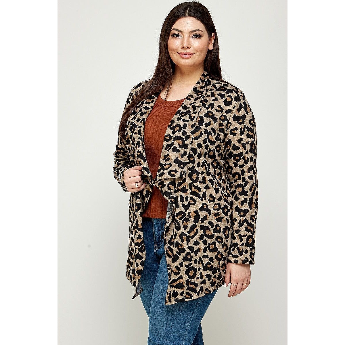 Plus Size, Animal Leopard Printed Knit Cardigan