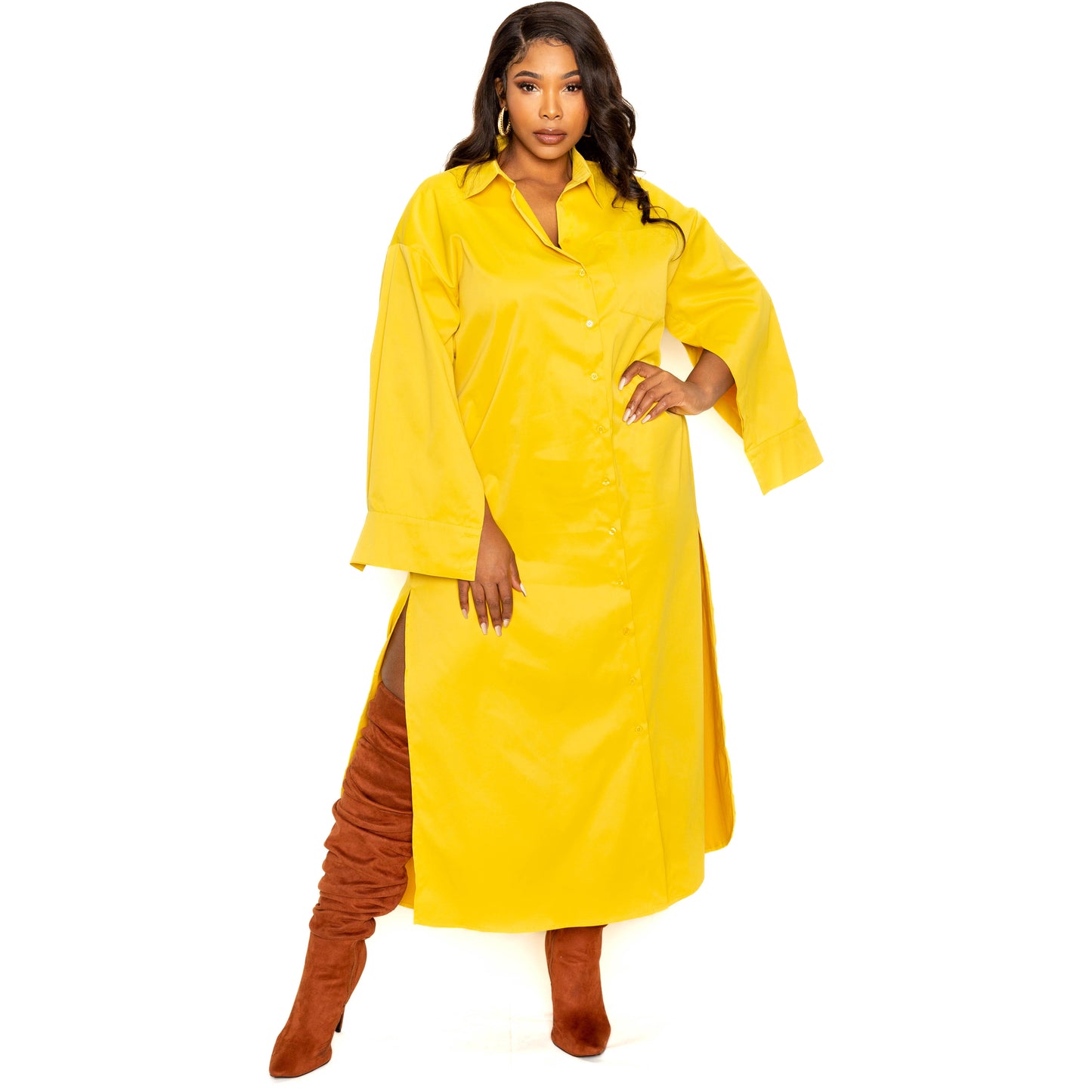 Yellow Plus-size Cape Sleeve Shirt Dress