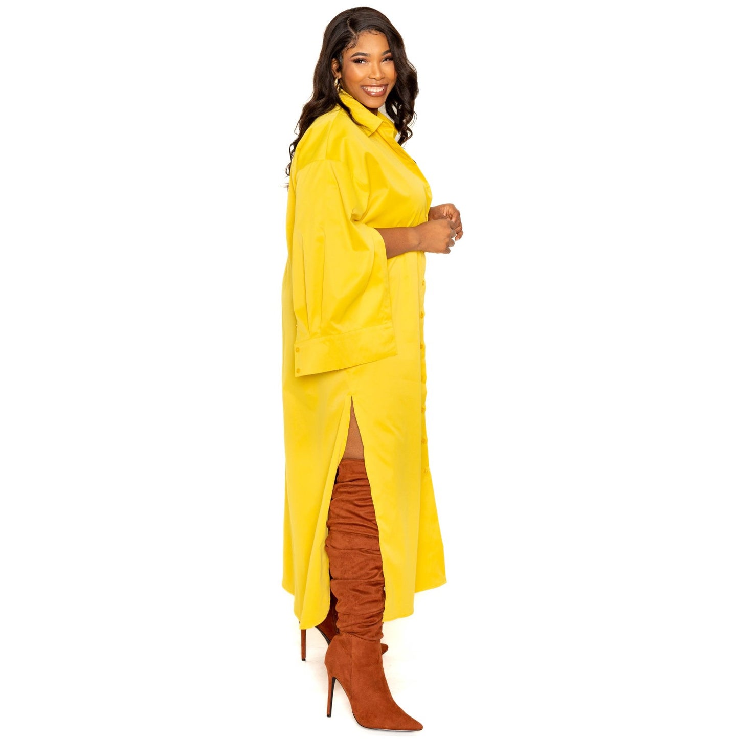 Yellow Plus-size Cape Sleeve Shirt Dress