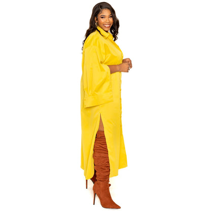 Yellow Plus-size Cape Sleeve Shirt Dress