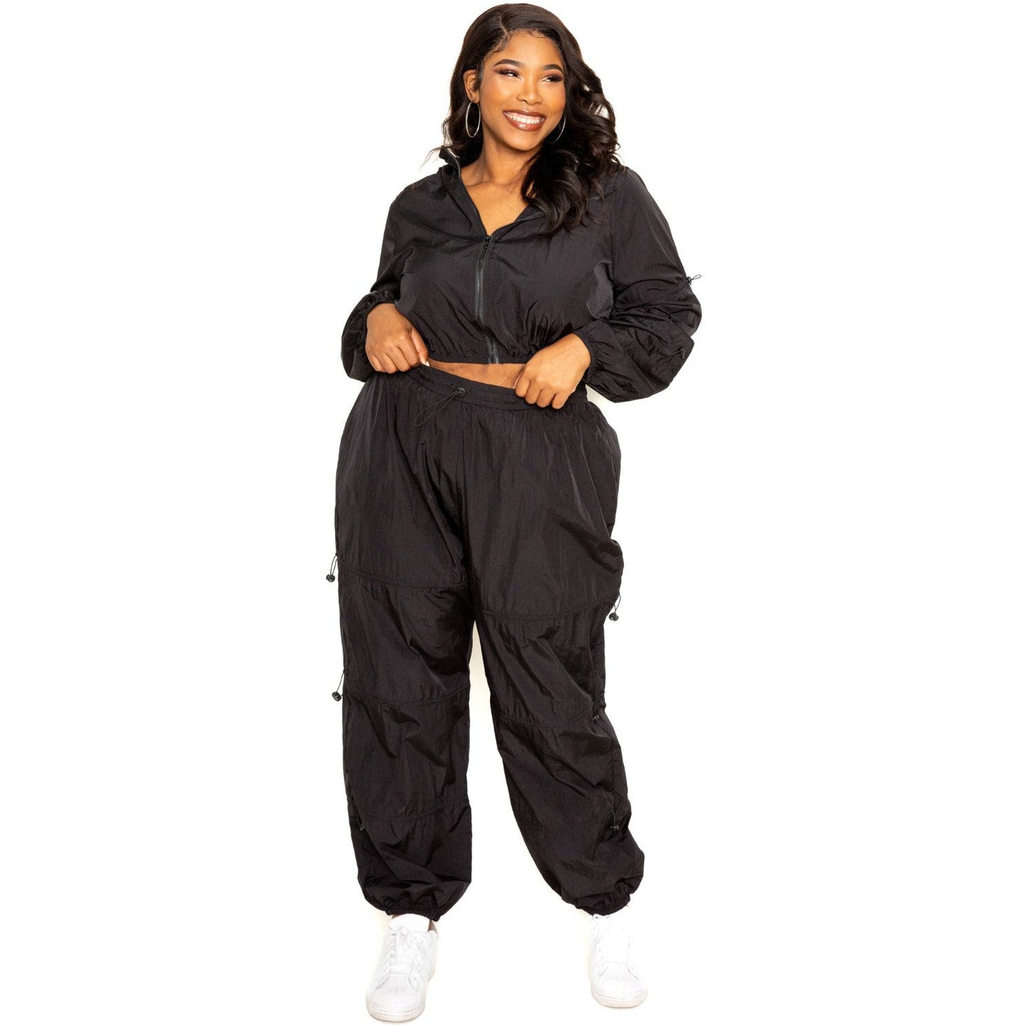 Plus-size Black Active Zip Up Set With Cord Lock Detail