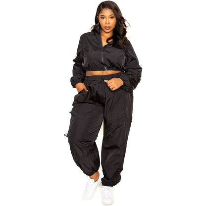 Plus-size Black Active Zip Up Set With Cord Lock Detail