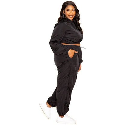 Plus-size Black Active Zip Up Set With Cord Lock Detail