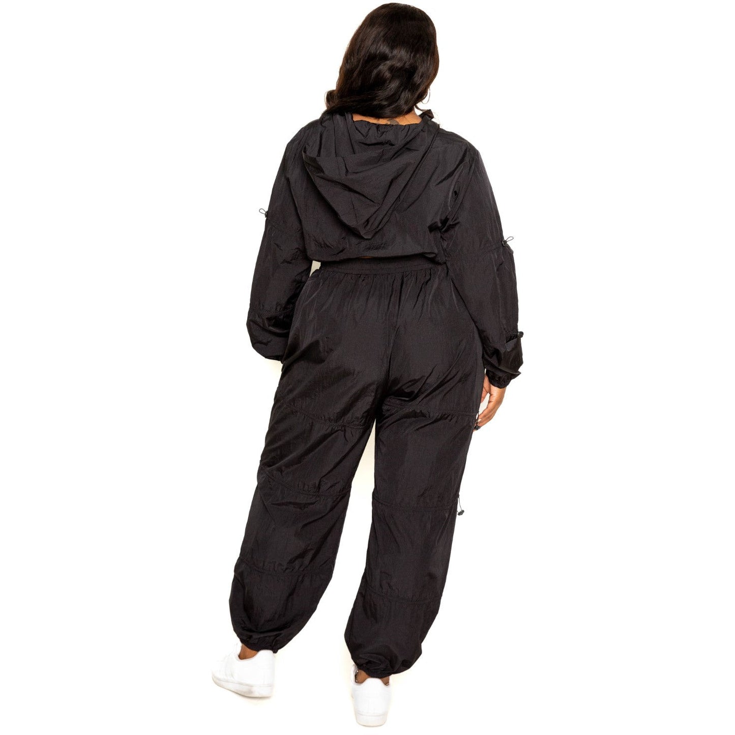 Plus-size Black Active Zip Up Set With Cord Lock Detail