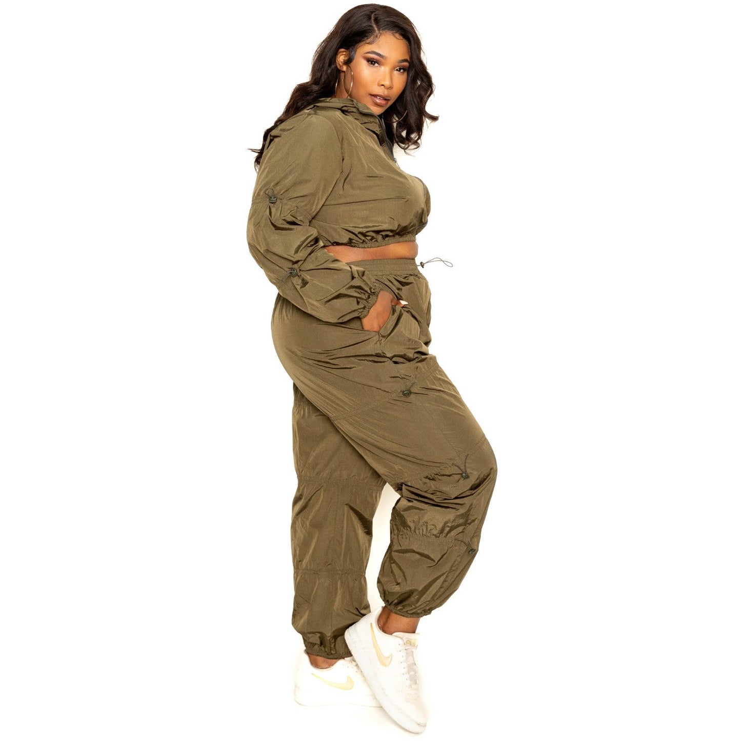 2 Piece Plus-size Active Zip Up Set With Cord Lock Detail