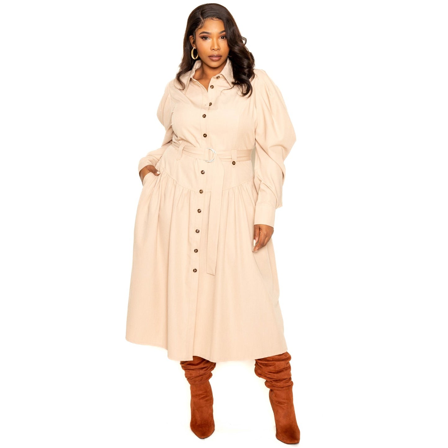 Plus-size Puff Sleeve Trench Jacket Dress