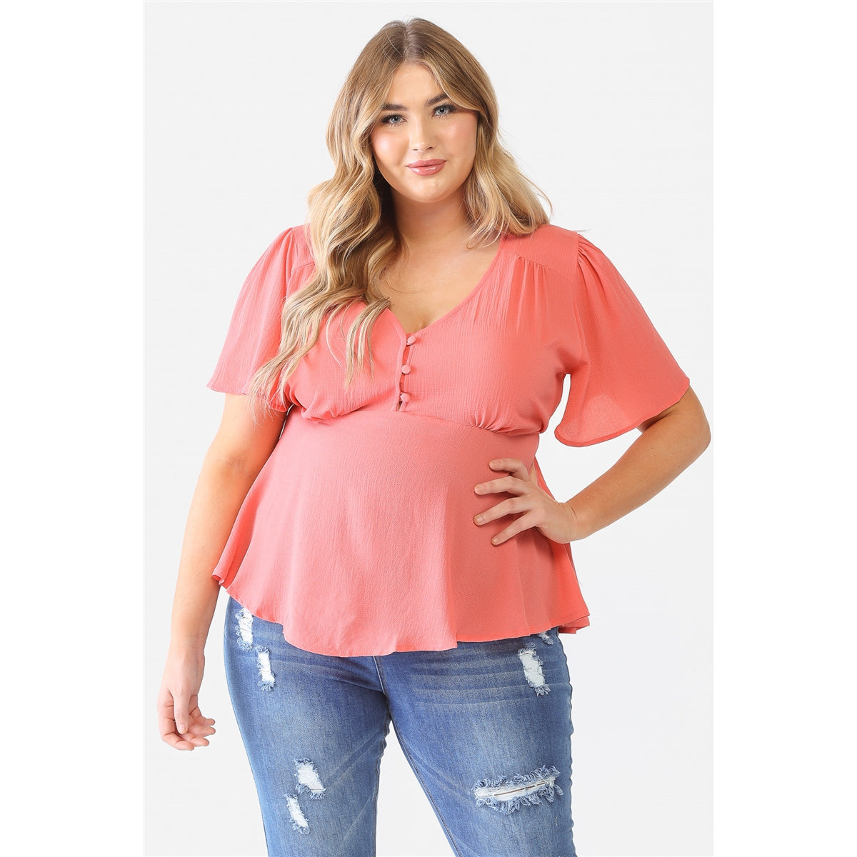 Plus Textured Casual A-line Top with Flare Short Sleeves