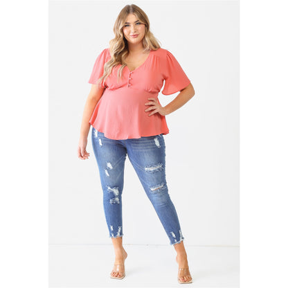 Plus Textured Casual A-line Top with Flare Short Sleeves