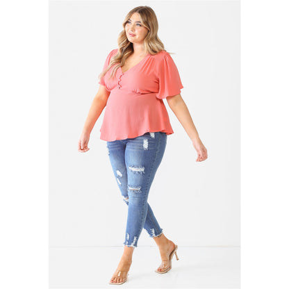 Plus Textured Casual A-line Top with Flare Short Sleeves