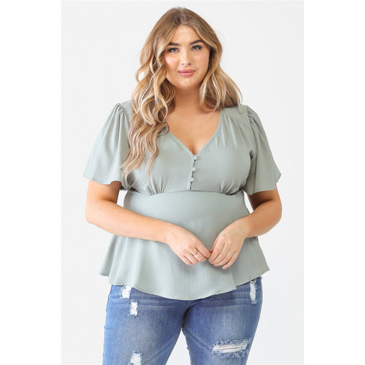 Plus Textured Casual A-line Top with Flare Short Sleeves