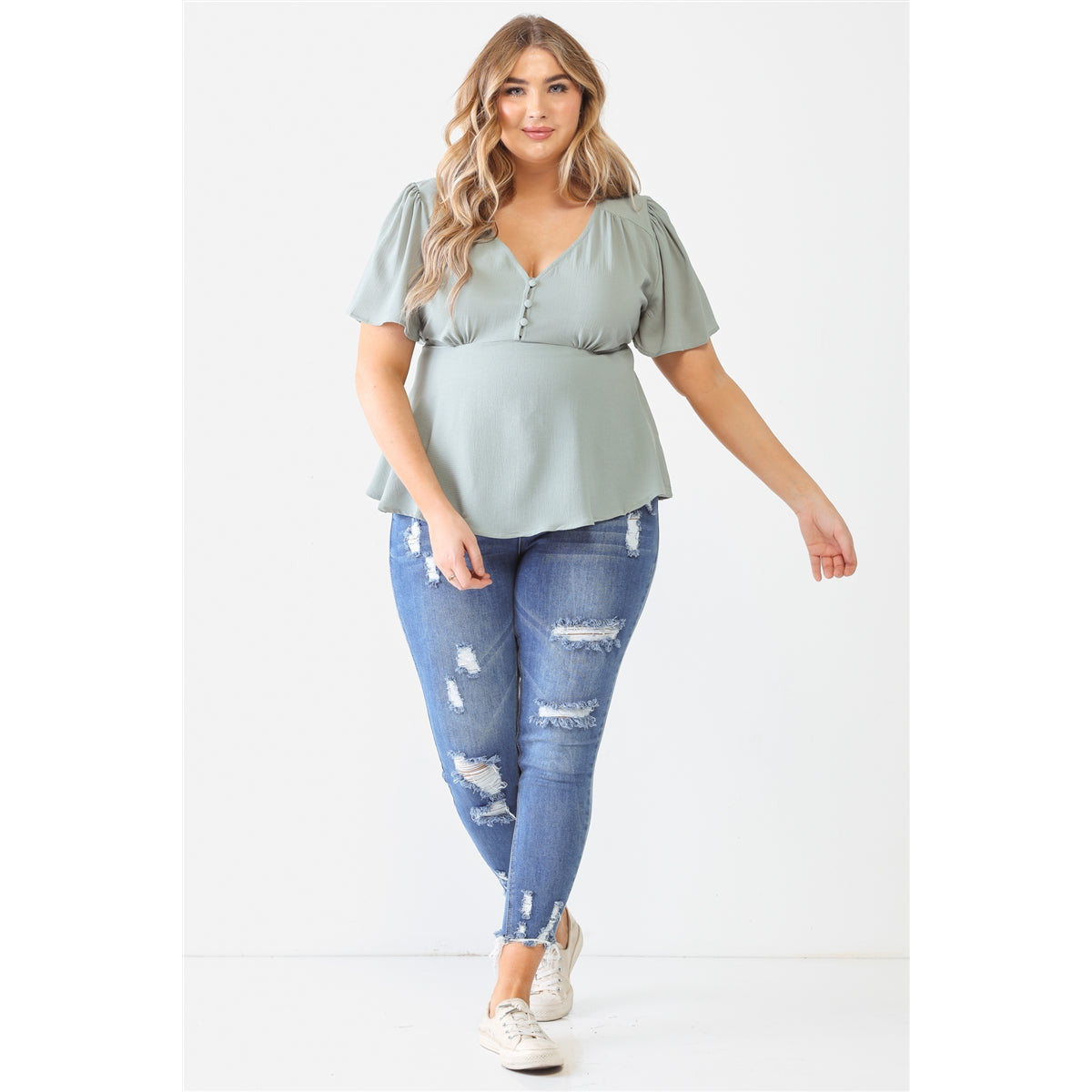 Plus Textured Casual A-line Top with Flare Short Sleeves