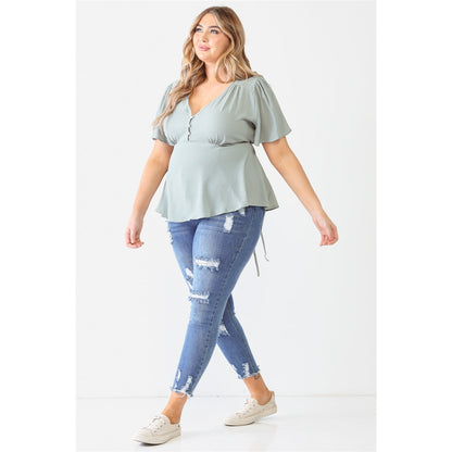 Plus Textured Casual A-line Top with Flare Short Sleeves