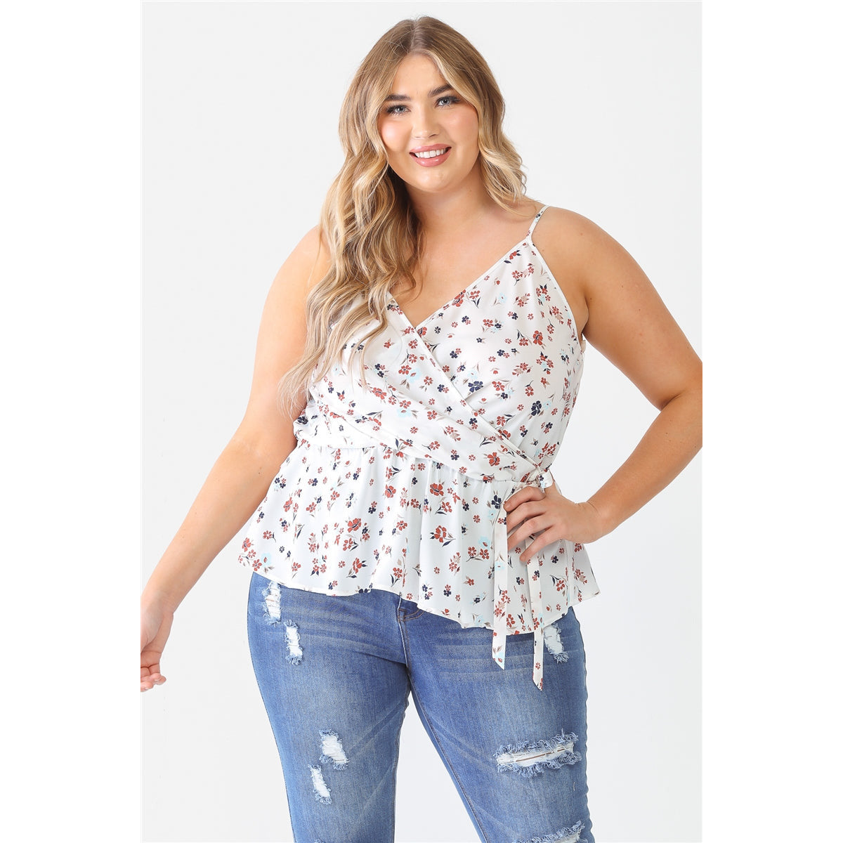 Plus Floral Wrap Flare Hem Top