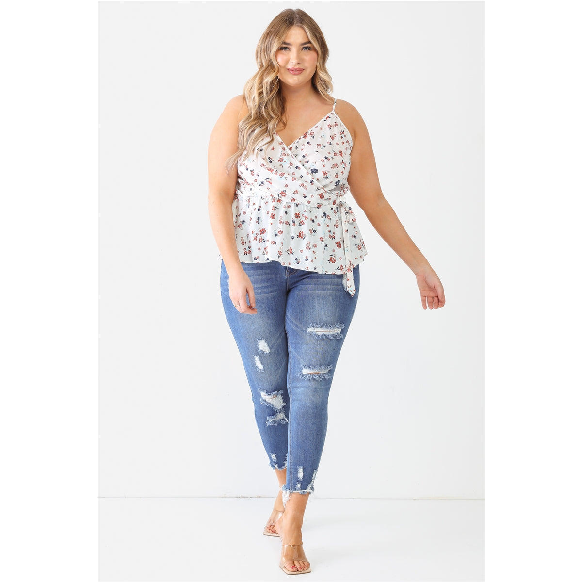 Plus Floral Wrap Flare Hem Top