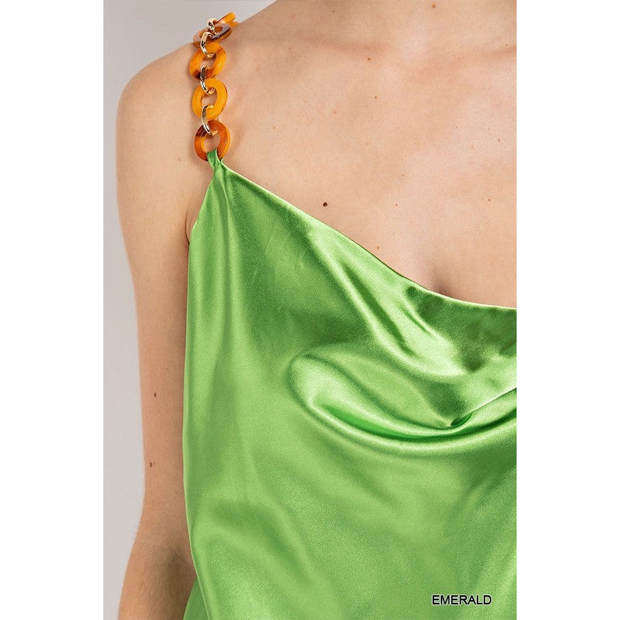 Cowl neck satin camisole with chain strap