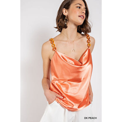 Cowl neck satin camisole with chain strap