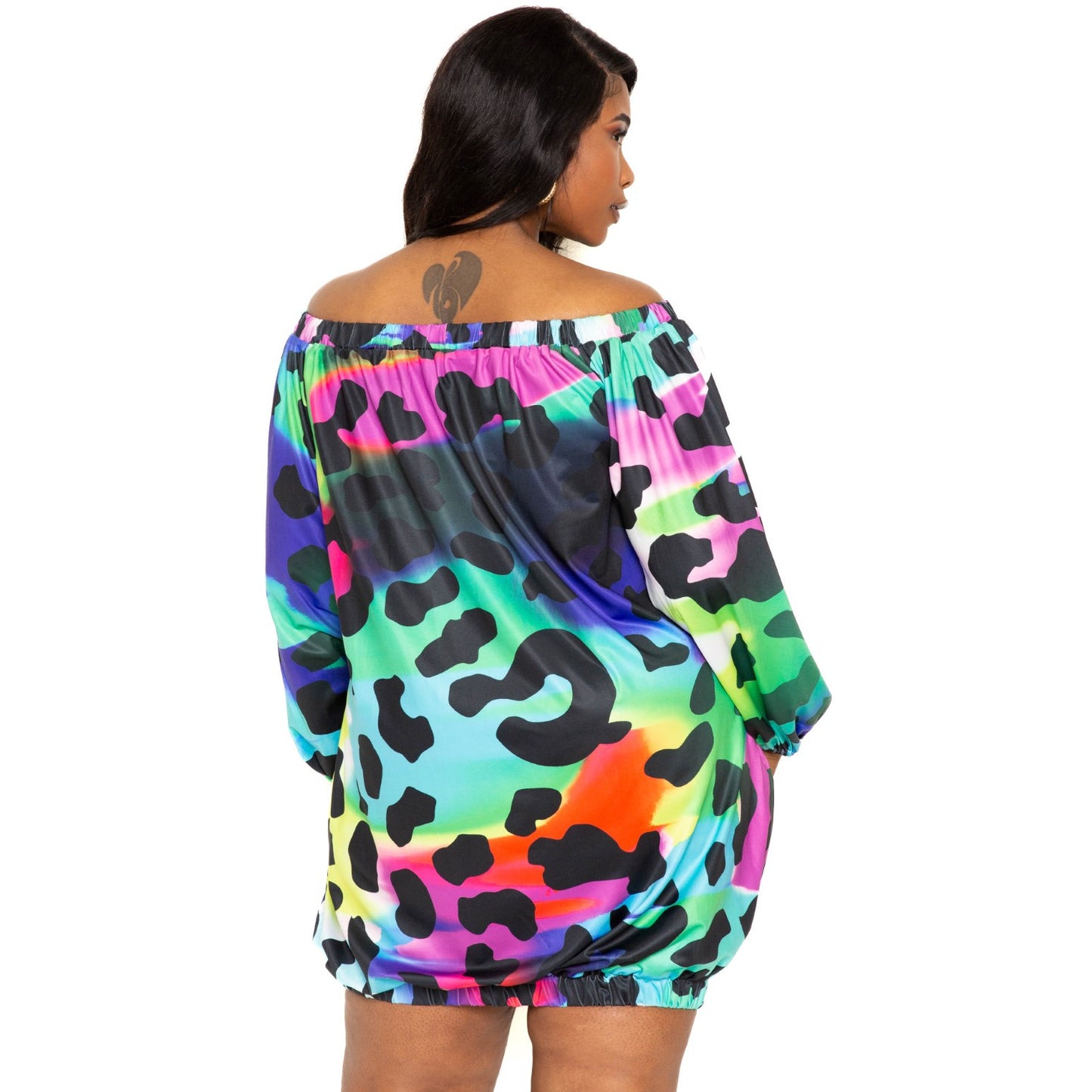 Electric leopard off-the-shoulder bubble mini Plus-size  dress