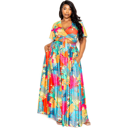 Elegant 2 Piece Plus-size Tropical Floral maxi Skirt & Top set