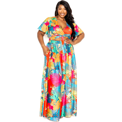 Elegant 2 Piece Plus-size Tropical Floral maxi Skirt & Top set